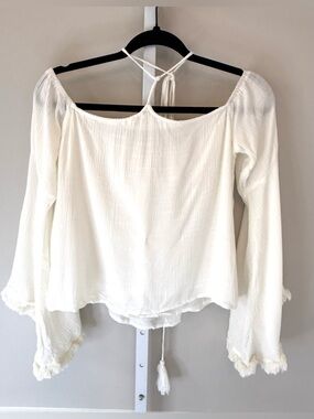 Ecru Lab Off Shoulder Peasant Top Cream Tassel Bell Sleeve Size S